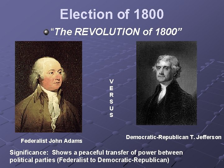 Election of 1800 “The REVOLUTION of 1800” V E R S U S Federalist