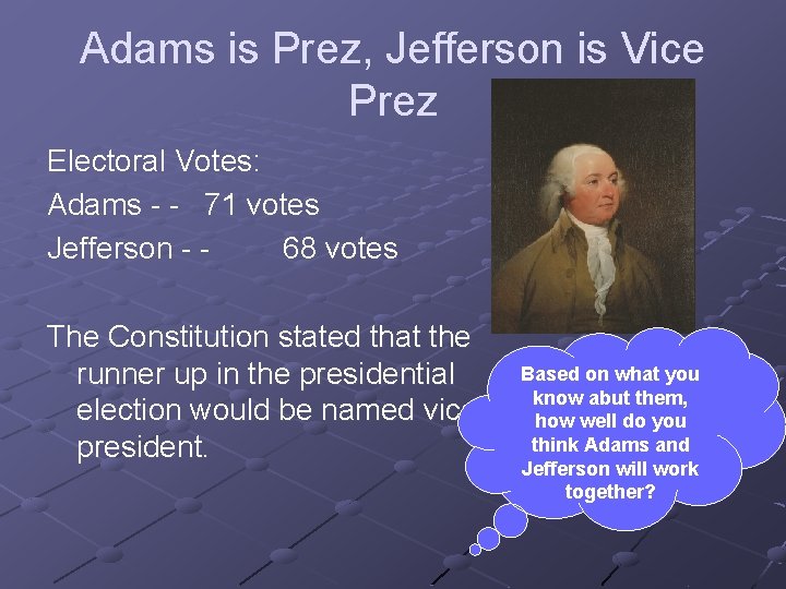 Adams is Prez, Jefferson is Vice Prez Electoral Votes: Adams - - 71 votes