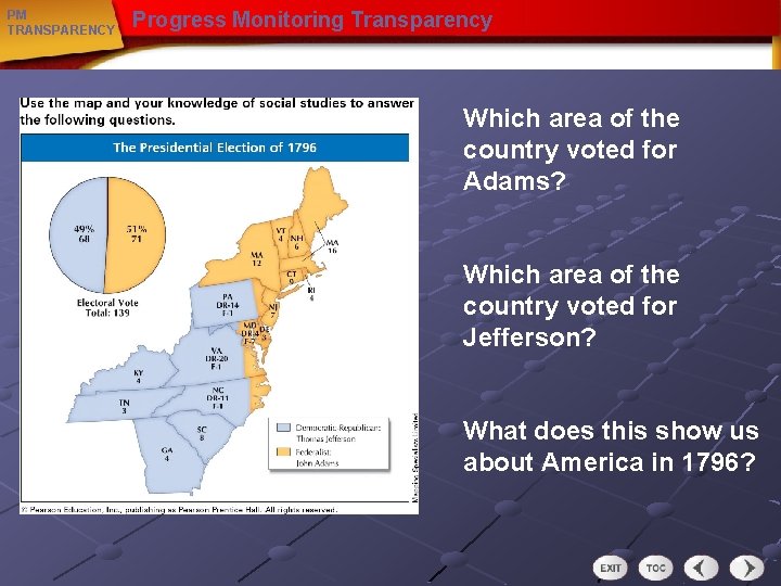 PM TRANSPARENCY Progress Monitoring Transparency Which area of the country voted for Adams? Which