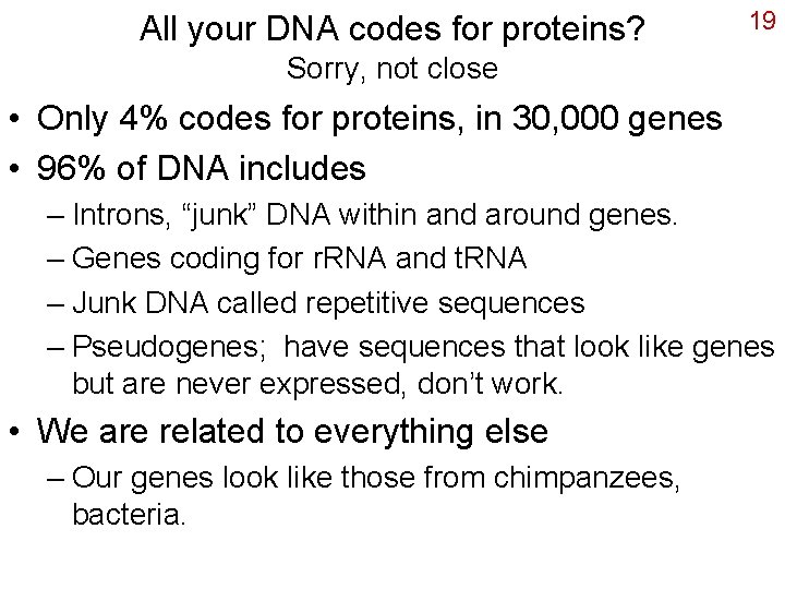 All your DNA codes for proteins? 19 Sorry, not close • Only 4% codes
