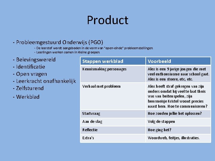 Product - Probleemgestuurd Onderwijs (PGO) - De leerstof wordt aangeboden in de vorm van