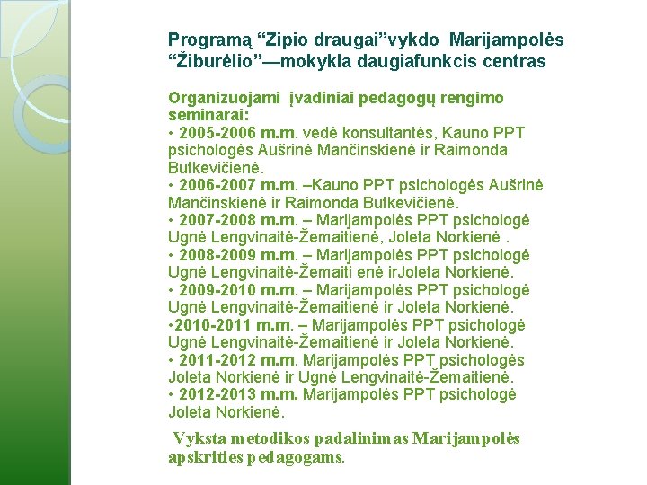 Programą “Zipio draugai”vykdo Marijampolės “Žiburėlio”—mokykla daugiafunkcis centras Organizuojami įvadiniai pedagogų rengimo seminarai: • 2005