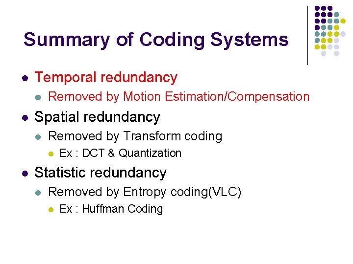Summary of Coding Systems l Temporal redundancy l l Removed by Motion Estimation/Compensation Spatial