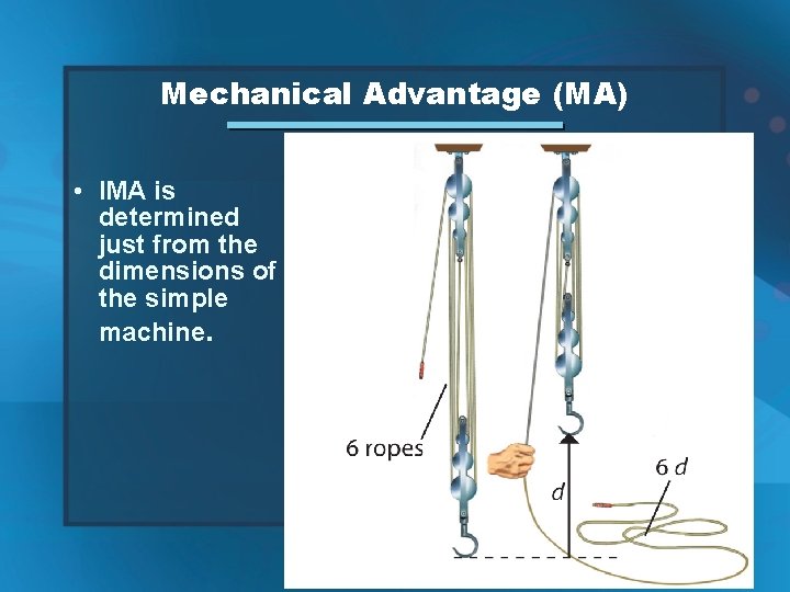 Mechanical Advantage (MA) • IMA is determined just from the dimensions of the simple