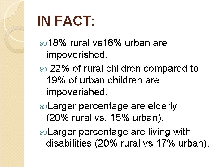 IN FACT: 18% rural vs 16% urban are impoverished. 22% of rural children compared