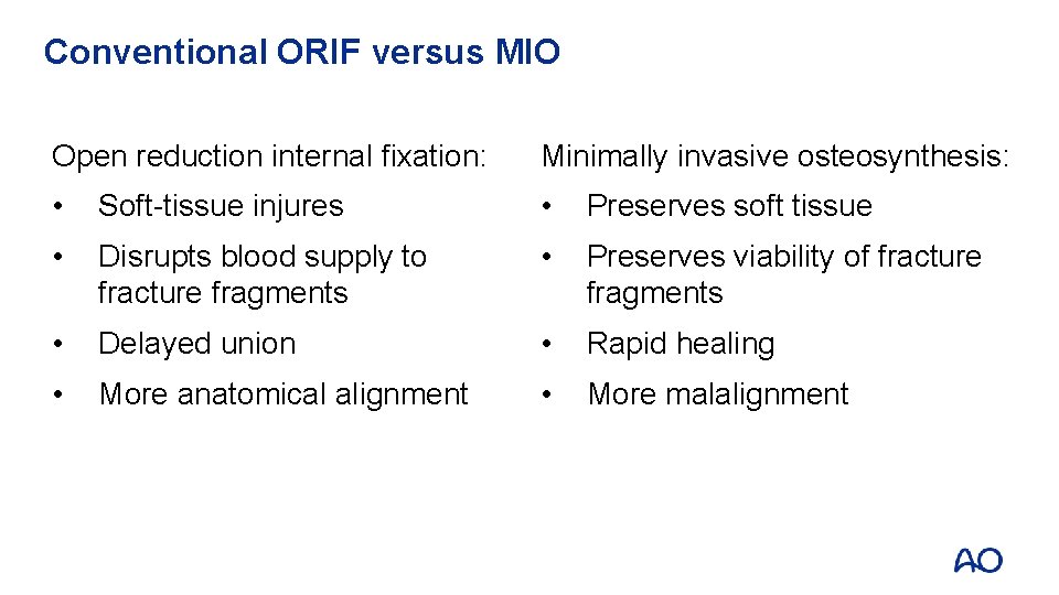 Conventional ORIF versus MIO Open reduction internal fixation: Minimally invasive osteosynthesis: • Soft-tissue injures