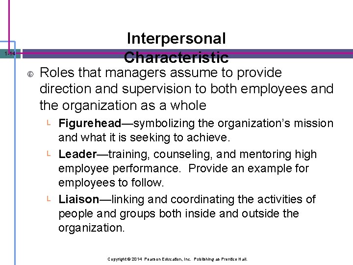 1 -14 Interpersonal Roles Interpersonal Characteristic Roles that managers assume to provide direction and