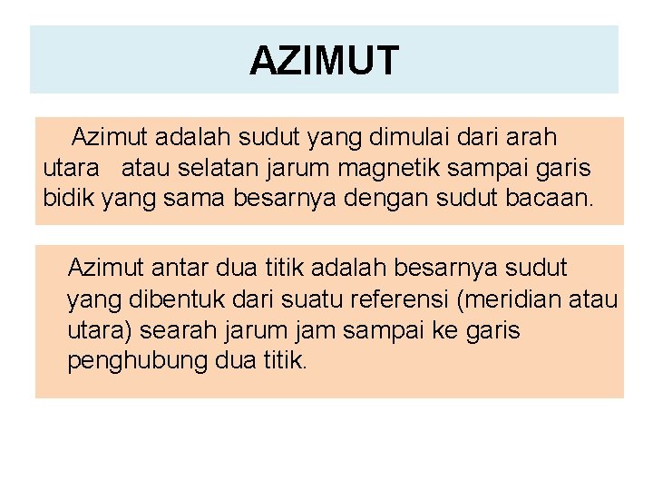 AZIMUT Azimut adalah sudut yang dimulai dari arah utara atau selatan jarum magnetik sampai