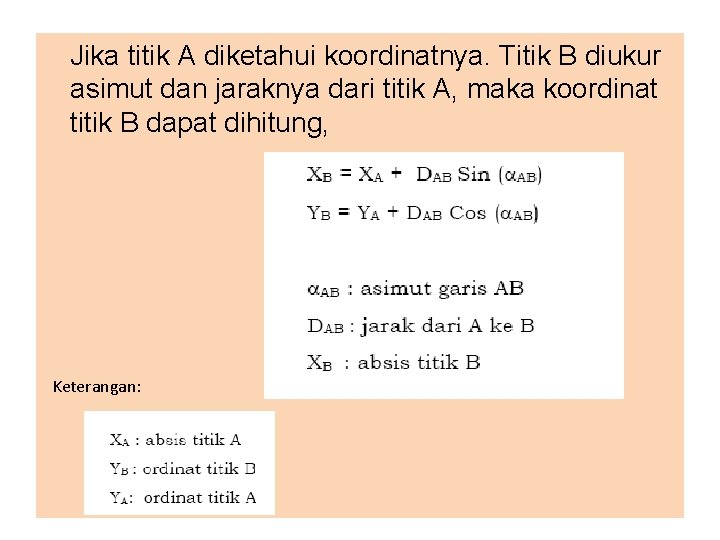 Jika titik A diketahui koordinatnya. Titik B diukur asimut dan jaraknya dari titik A,