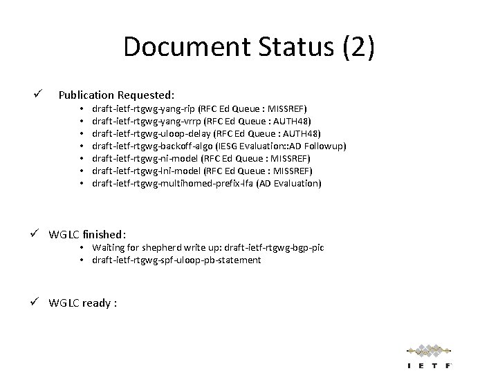 Document Status (2) ü Publication Requested: • • draft-ietf-rtgwg-yang-rip (RFC Ed Queue : MISSREF)