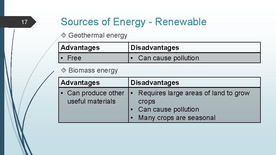 17 Sources of Energy - Renewable Geothermal energy Advantages • Free Disadvantages • Can
