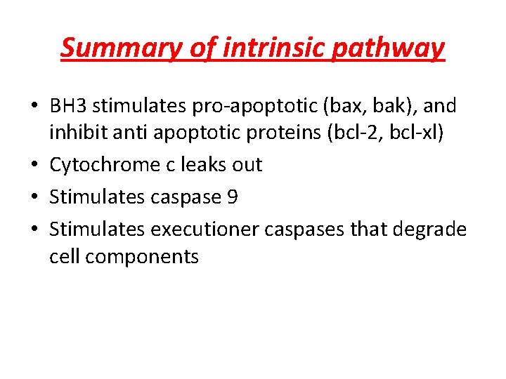 Summary of intrinsic pathway • BH 3 stimulates pro-apoptotic (bax, bak), and inhibit anti