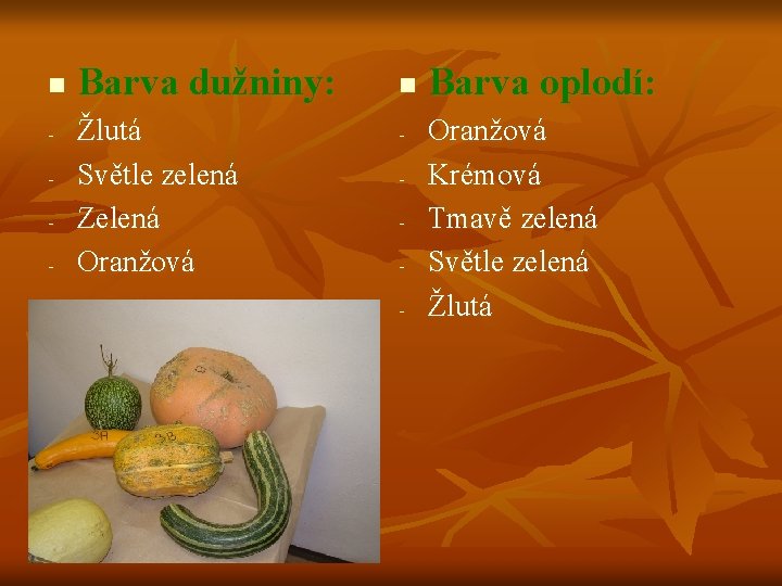 n - Barva dužniny: Žlutá Světle zelená Zelená Oranžová n - Barva oplodí: Oranžová