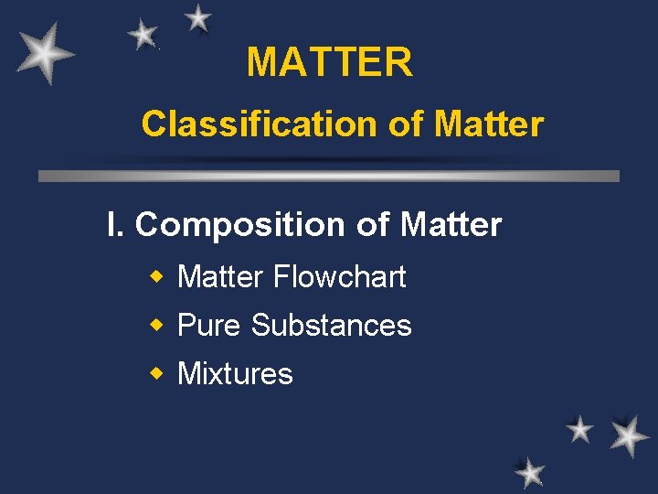 MATTER Classification of Matter I. Composition of Matter w Matter Flowchart w Pure Substances