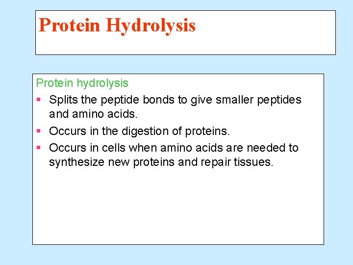 Protein Hydrolysis Protein hydrolysis § Splits the peptide bonds to give smaller peptides and