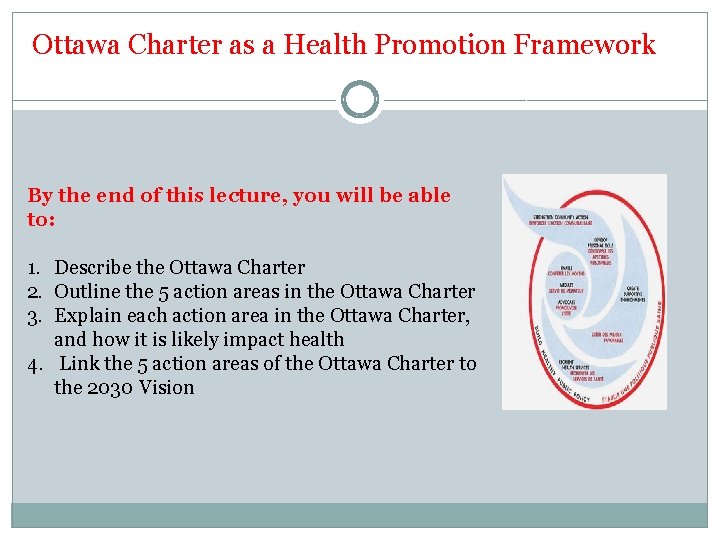 Ottawa Charter as a Health Promotion Framework By the end of this lecture, you