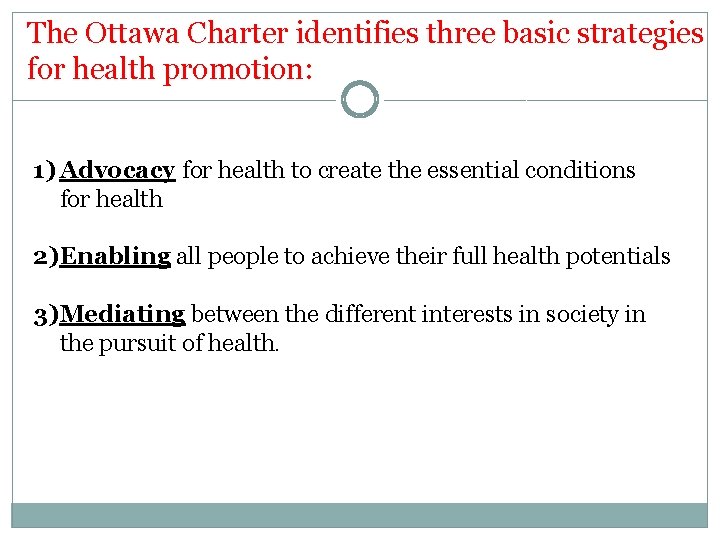 The Ottawa Charter identifies three basic strategies for health promotion: 1) Advocacy for health