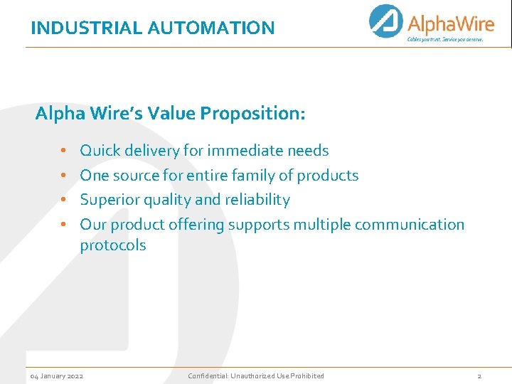 INDUSTRIAL AUTOMATION Alpha Wire’s Value Proposition: • • Quick delivery for immediate needs One