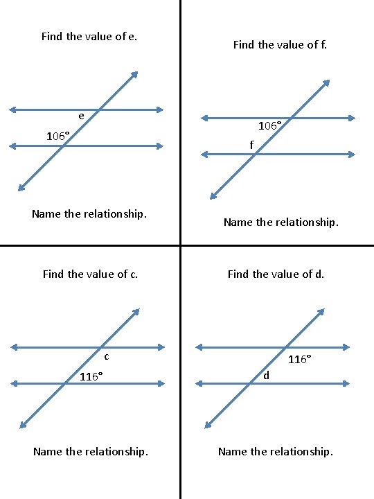 Find the value of e. Find the value of f. e 106° f Name