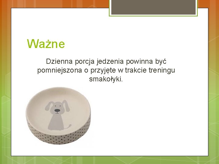 Ważne Dzienna porcja jedzenia powinna być pomniejszona o przyjęte w trakcie treningu smakołyki. 