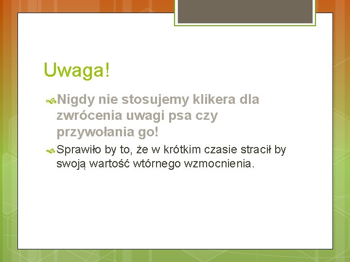 Uwaga! Nigdy nie stosujemy klikera dla zwrócenia uwagi psa czy przywołania go! Sprawiło by