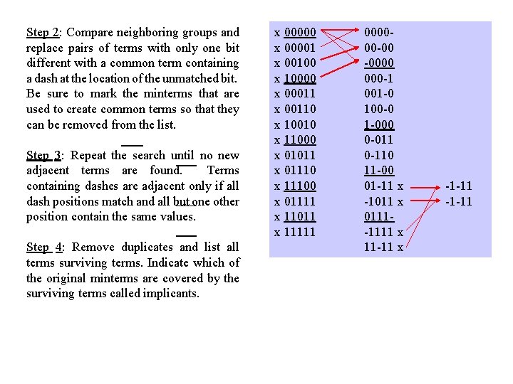 Step 2: Compare neighboring groups and replace pairs of terms with only one bit