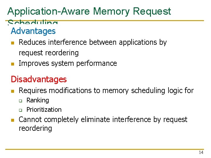 Application-Aware Memory Request Scheduling Advantages n n Reduces interference between applications by request reordering Application-Aware Memory Request Scheduling Advantages n n Reduces interference between applications by request reordering