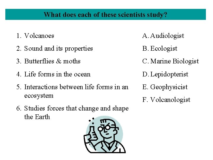 What does each of these scientists study? 1. Volcanoes A. Audiologist 2. Sound and