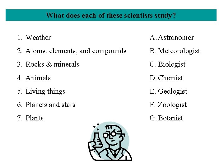 What does each of these scientists study? 1. Weather A. Astronomer 2. Atoms, elements,