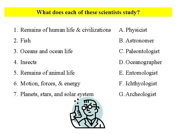 What does each of these scientists study? 1. Remains of human life & civilizations
