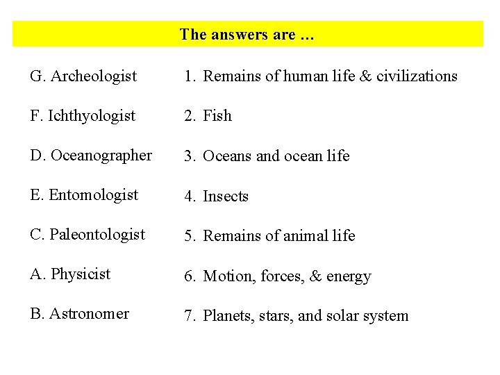 The answers are … G. Archeologist 1. Remains of human life & civilizations F.