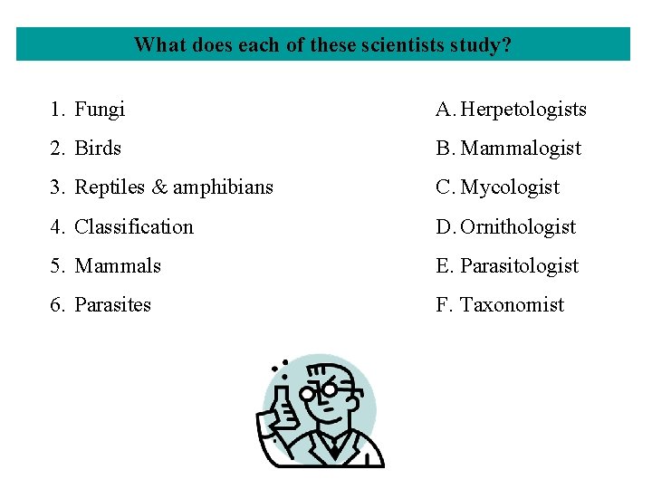 What does each of these scientists study? 1. Fungi A. Herpetologists 2. Birds B.