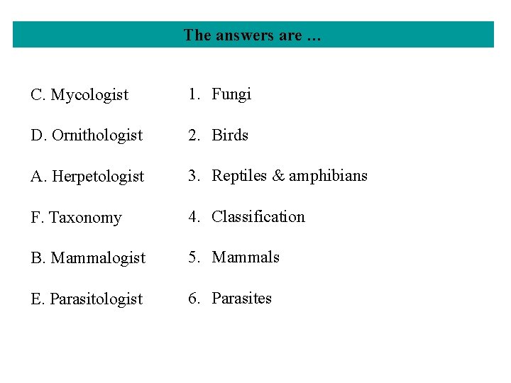 The answers are … C. Mycologist 1. Fungi D. Ornithologist 2. Birds A. Herpetologist