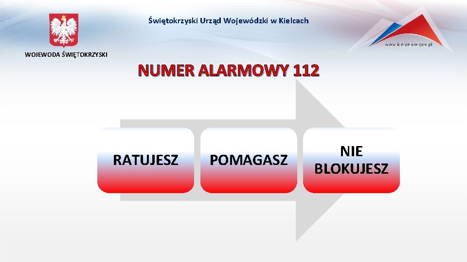 Świętokrzyski Urząd Wojewódzki w Kielcach WOJEWODA ŚWIĘTOKRZYSKI NUMER ALARMOWY 112 RATUJESZ POMAGASZ NIE BLOKUJESZ
