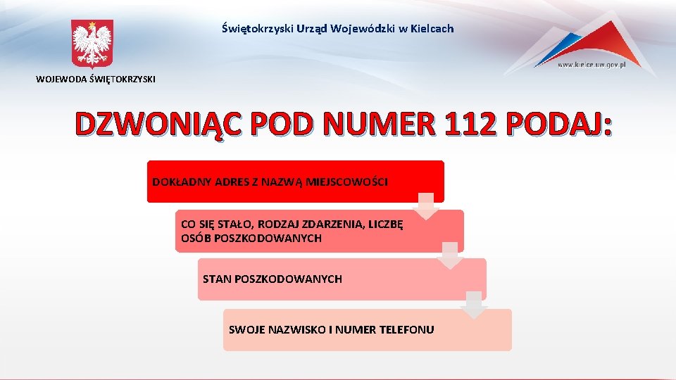 Świętokrzyski Urząd Wojewódzki w Kielcach WOJEWODA ŚWIĘTOKRZYSKI DZWONIĄC POD NUMER 112 PODAJ: DOKŁADNY ADRES