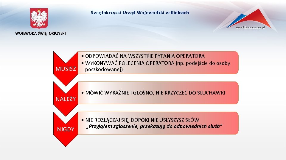 Świętokrzyski Urząd Wojewódzki w Kielcach WOJEWODA ŚWIĘTOKRZYSKI • ODPOWIADAĆ NA WSZYSTKIE PYTANIA OPERATORA •