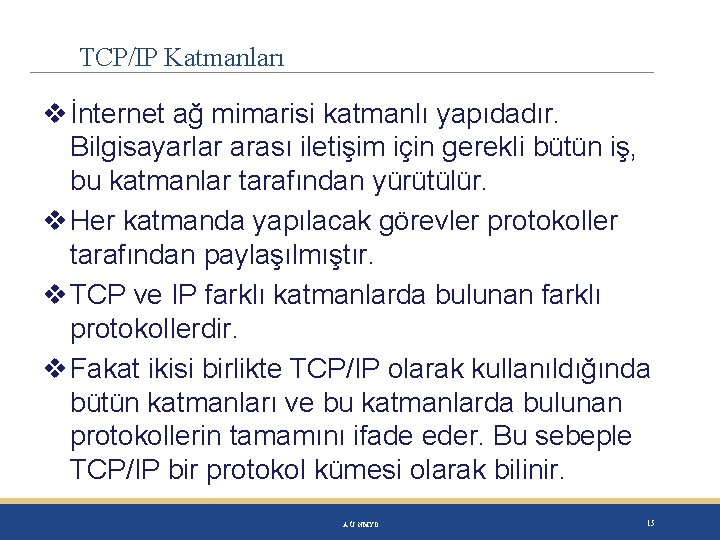 TCP/IP Katmanları İnternet ağ mimarisi katmanlı yapıdadır. Bilgisayarlar arası iletişim için gerekli bütün iş,