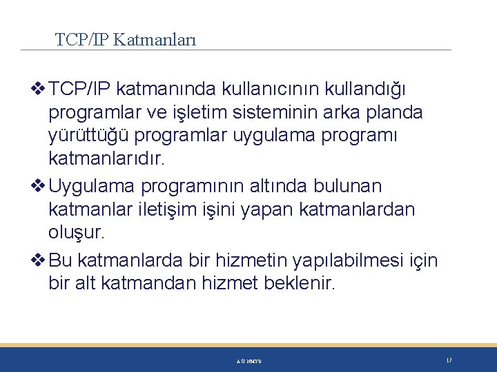 TCP/IP Katmanları TCP/IP katmanında kullanıcının kullandığı programlar ve işletim sisteminin arka planda yürüttüğü programlar