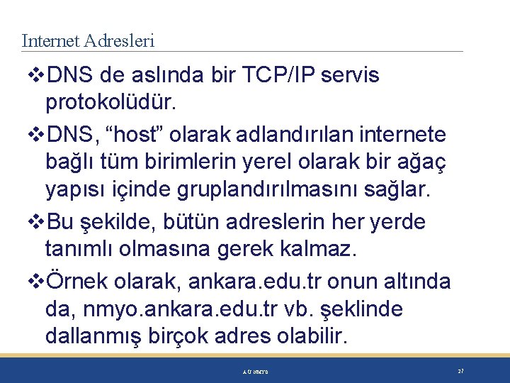 Internet Adresleri DNS de aslında bir TCP/IP servis protokolüdür. DNS, “host” olarak adlandırılan internete