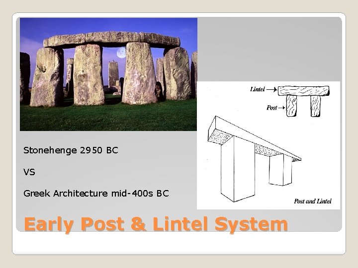 Stonehenge 2950 BC VS Greek Architecture mid-400 s BC Early Post & Lintel System