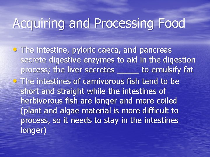 Acquiring and Processing Food • The intestine, pyloric caeca, and pancreas • secrete digestive