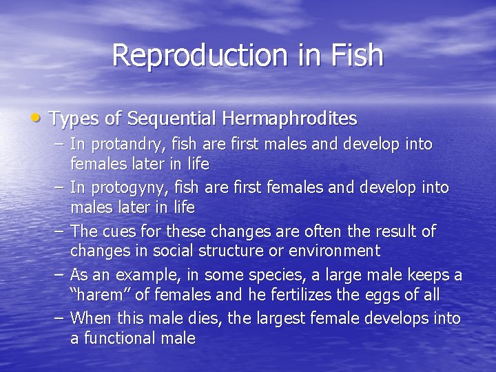 Reproduction in Fish • Types of Sequential Hermaphrodites – In protandry, fish are first