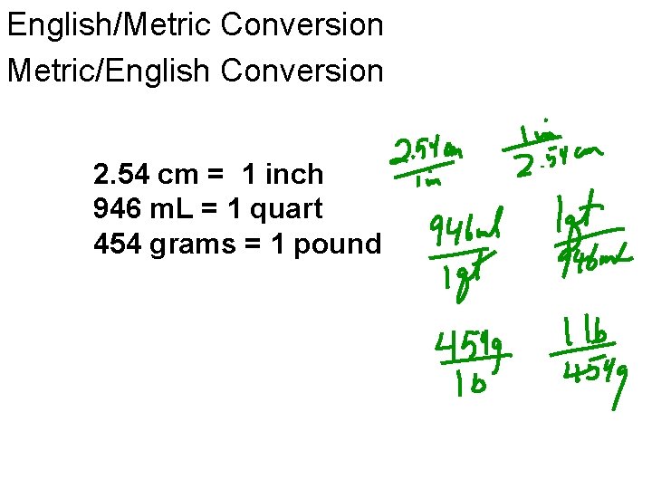 English/Metric Conversion Metric/English Conversion 2. 54 cm = 1 inch 946 m. L =