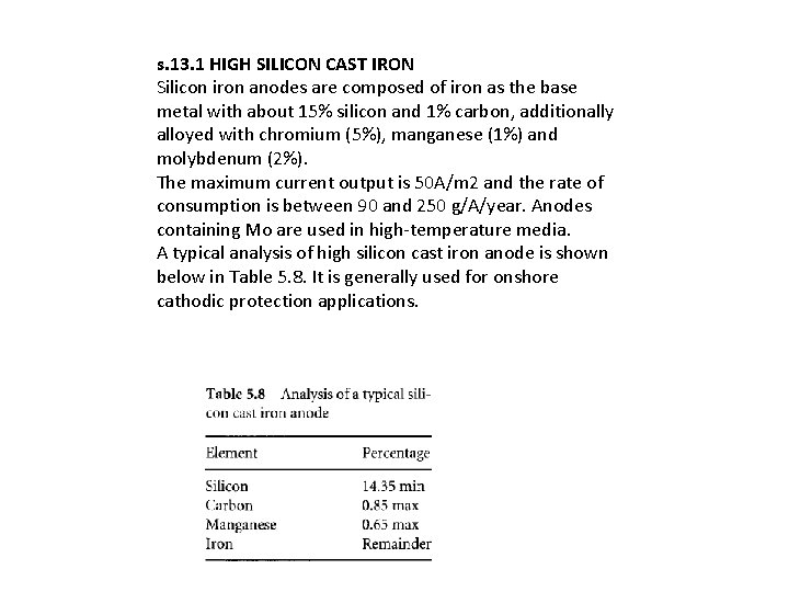 s. 13. 1 HIGH SILICON CAST IRON Silicon iron anodes are composed of iron