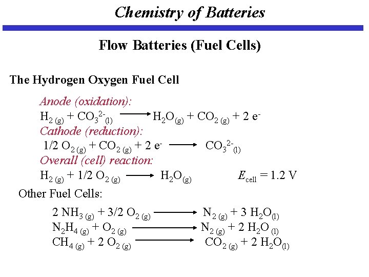 Chemistry of Batteries Flow Batteries (Fuel Cells) The Hydrogen Oxygen Fuel Cell Anode (oxidation):