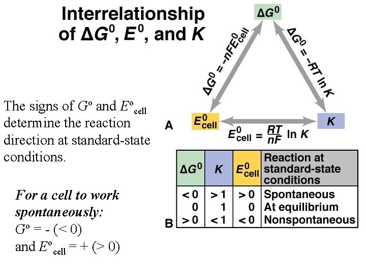 The signs of Go and Eocell determine the reaction direction at standard-state conditions. For