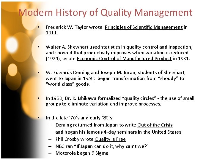 Modern History of Quality Management • Frederick W. Taylor wrote Principles of Scientific Management