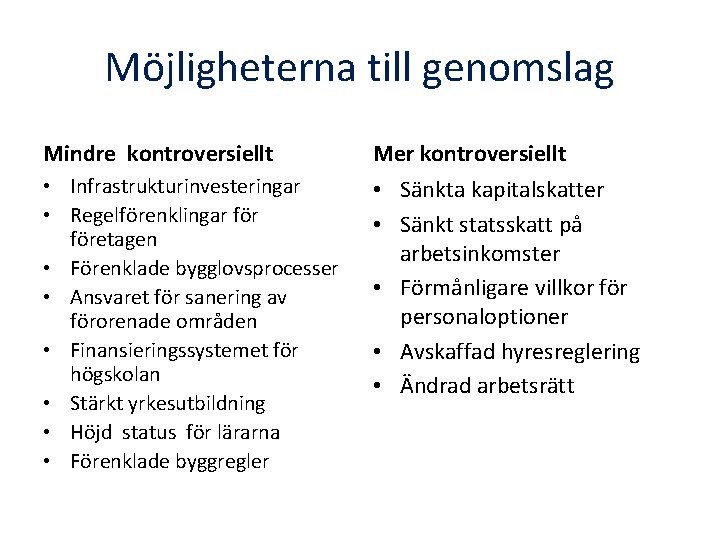 Möjligheterna till genomslag Mindre kontroversiellt Mer kontroversiellt • Infrastrukturinvesteringar • Regelförenklingar företagen • Förenklade