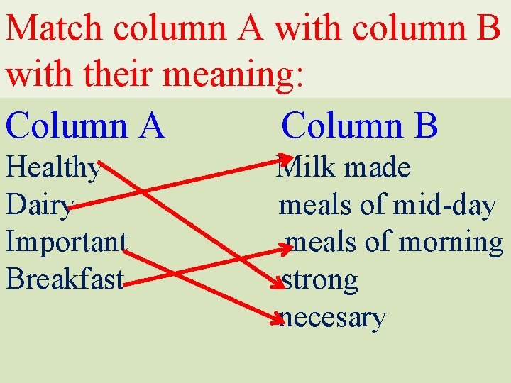 Match column A with column B with their meaning: Column A Column B Healthy