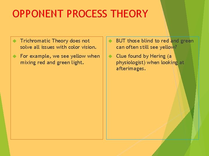 OPPONENT PROCESS THEORY Trichromatic Theory does not solve all issues with color vision. BUT